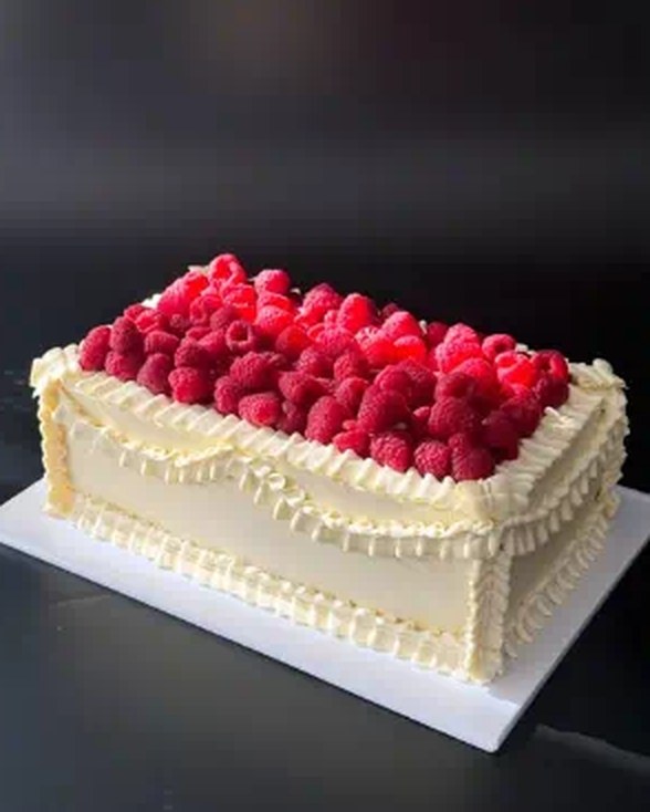 Rectangular cream cake topped with fresh raspberries